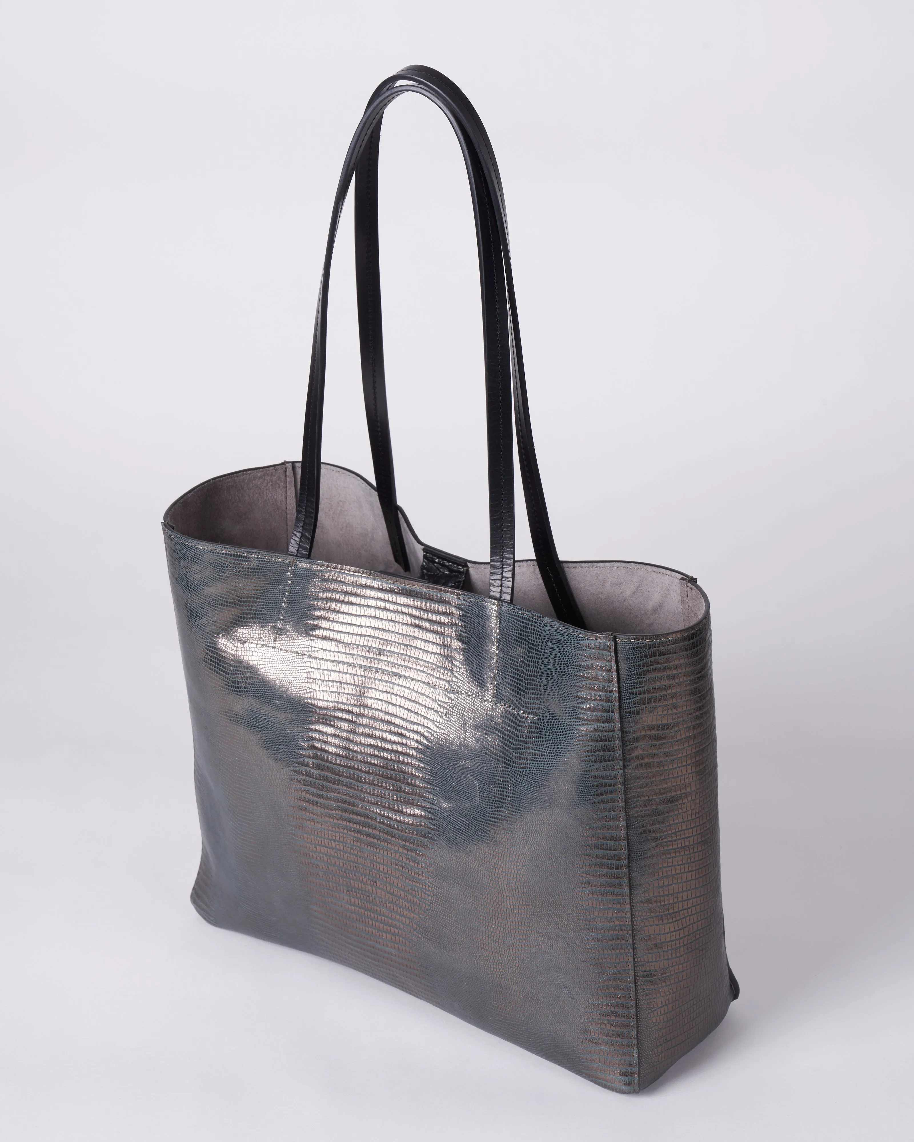 front pocket tote - metal embossed lizard