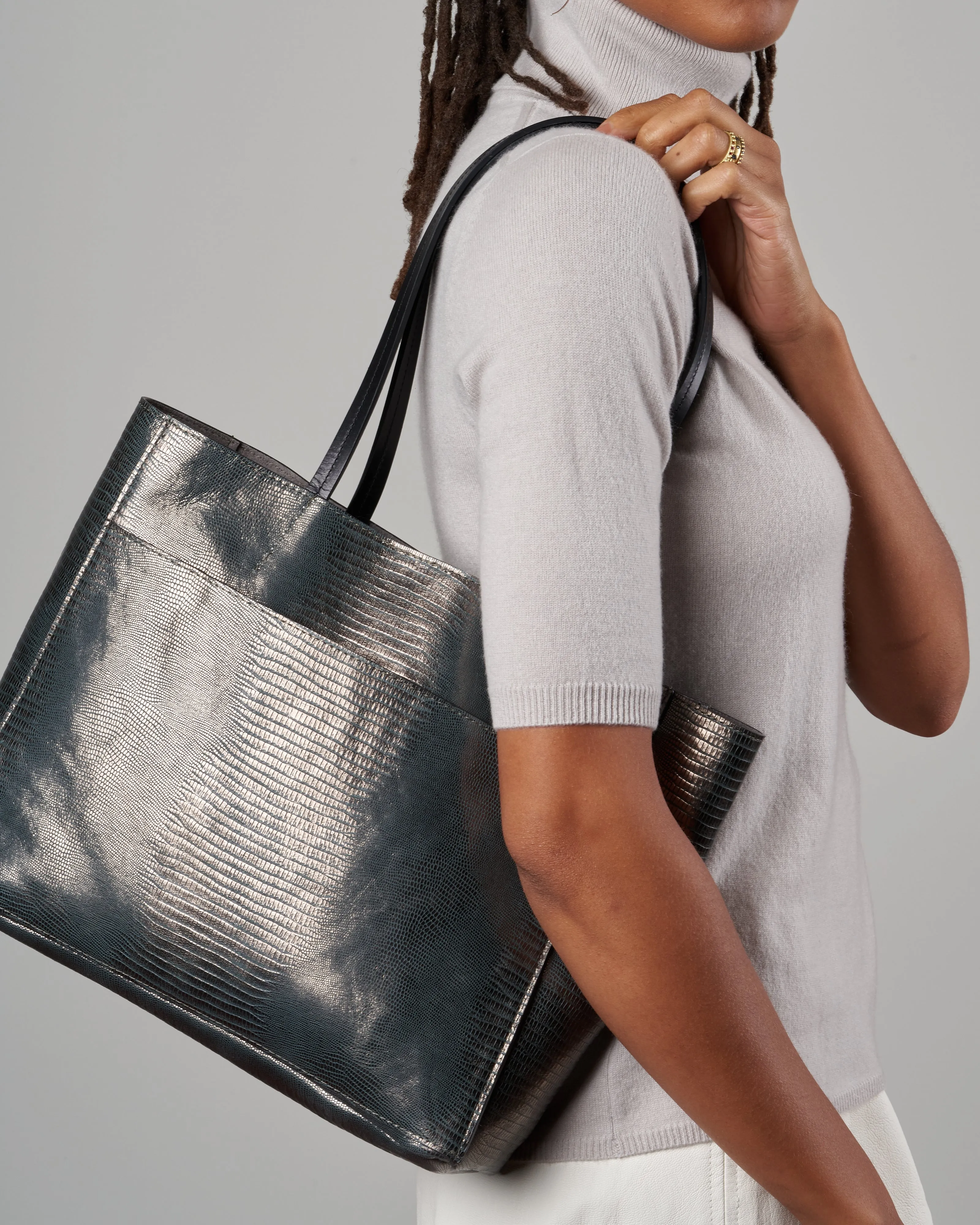 front pocket tote - metal embossed lizard