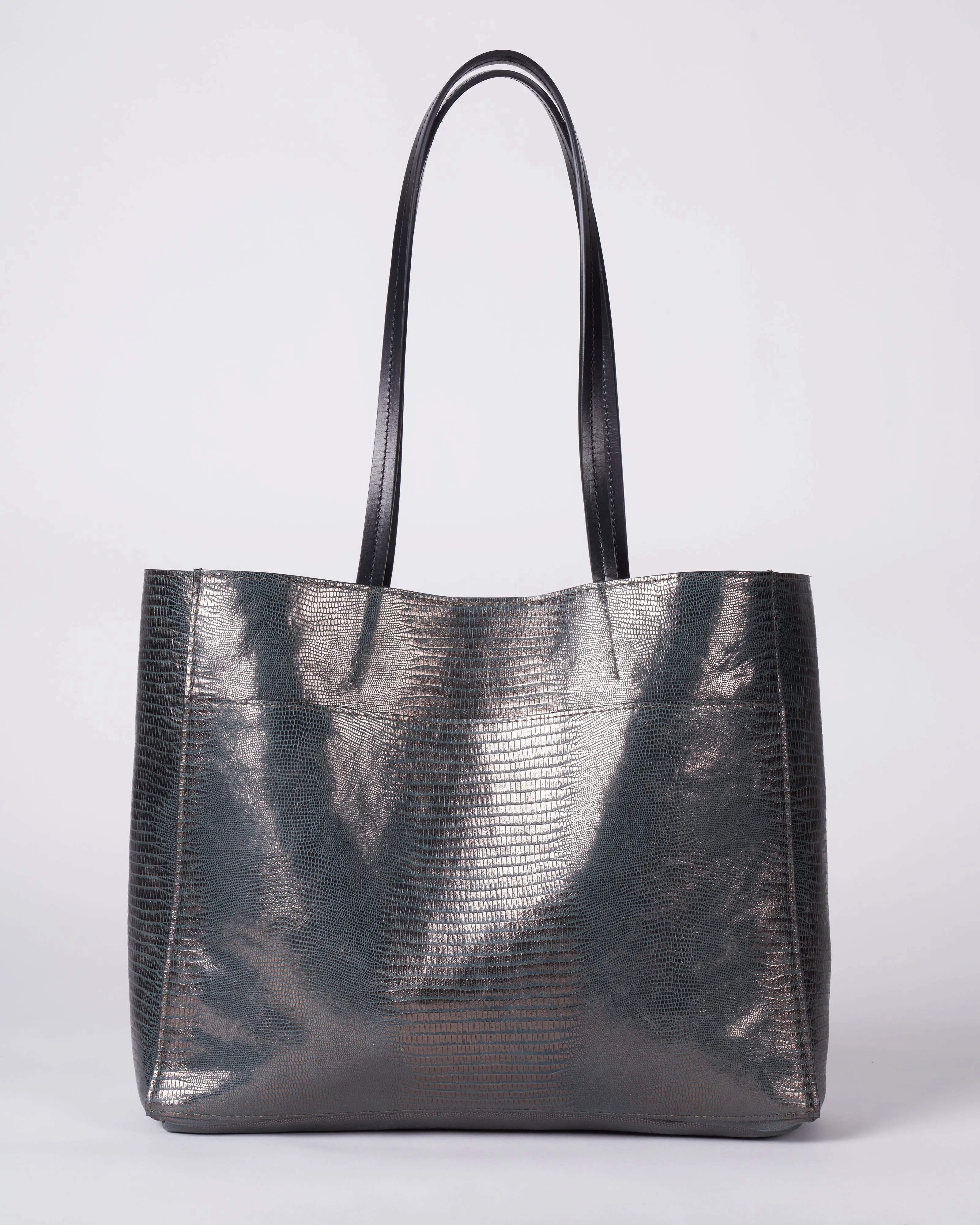 front pocket tote - metal embossed lizard