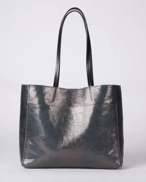 front pocket tote - metal embossed lizard