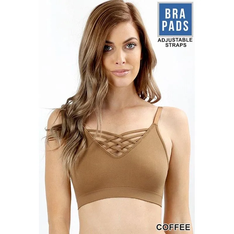Front v-lattice, adjustable straps bralette with removable bra pads