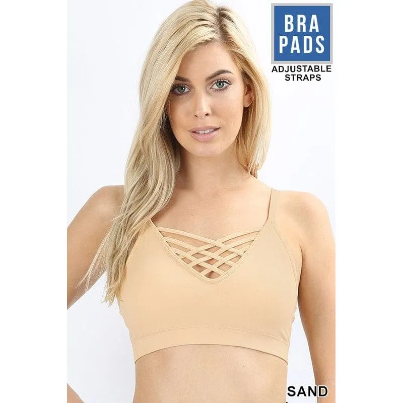 Front v-lattice, adjustable straps bralette with removable bra pads