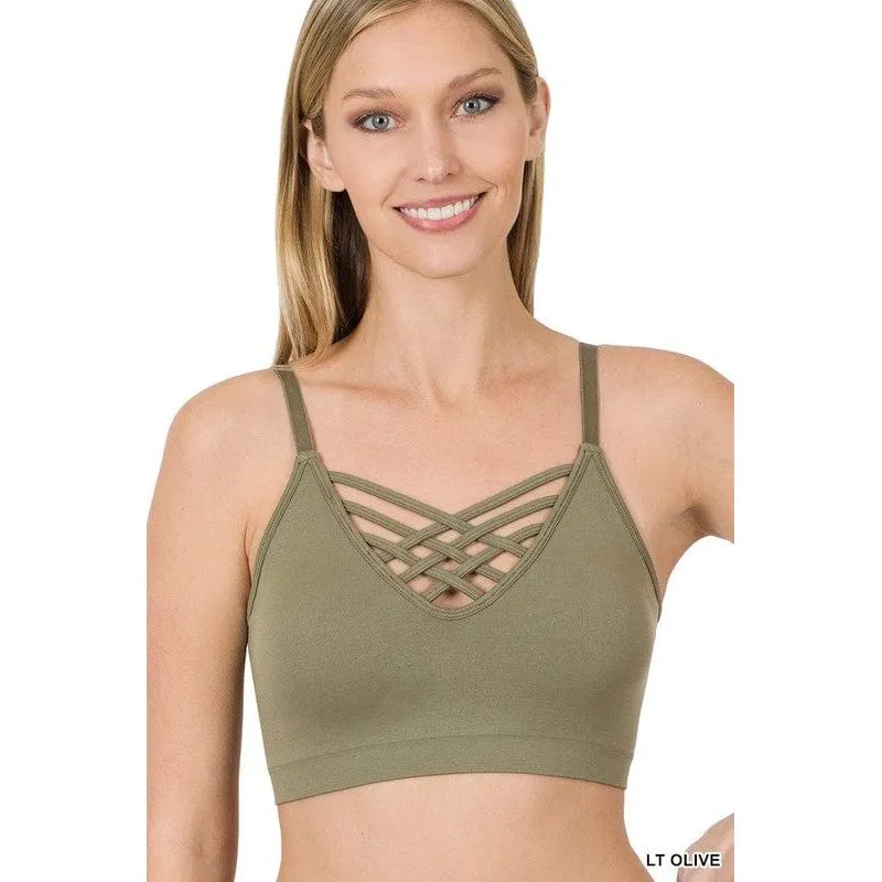 Front v-lattice bralette with removable bra pads