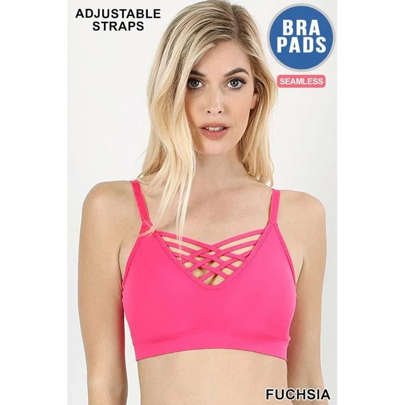 Front v-lattice bralette with removable bra pads