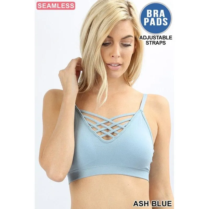Front v-lattice bralette with removable bra pads