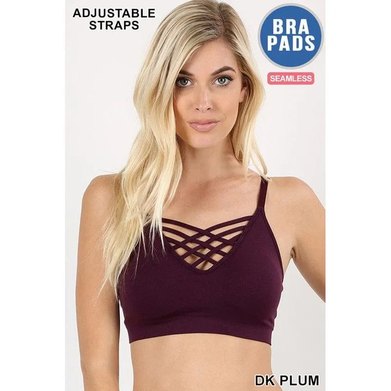 Front v-lattice bralette with removable bra pads