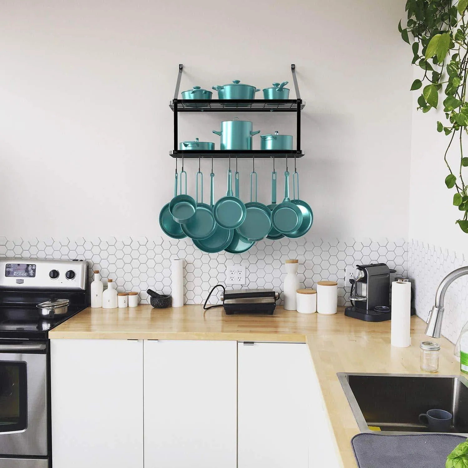 GeekDigg 29.5 Inch Wall Mounted Pot Rack Storage Shelf with 2 Tier 10 Hooks Included, Kitchen Pot Racks Hanging Storage Organizer (Black)