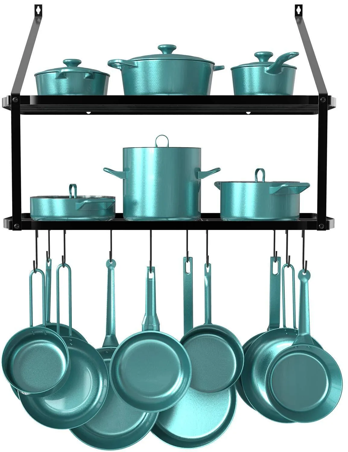 GeekDigg 29.5 Inch Wall Mounted Pot Rack Storage Shelf with 2 Tier 10 Hooks Included, Kitchen Pot Racks Hanging Storage Organizer (Black)