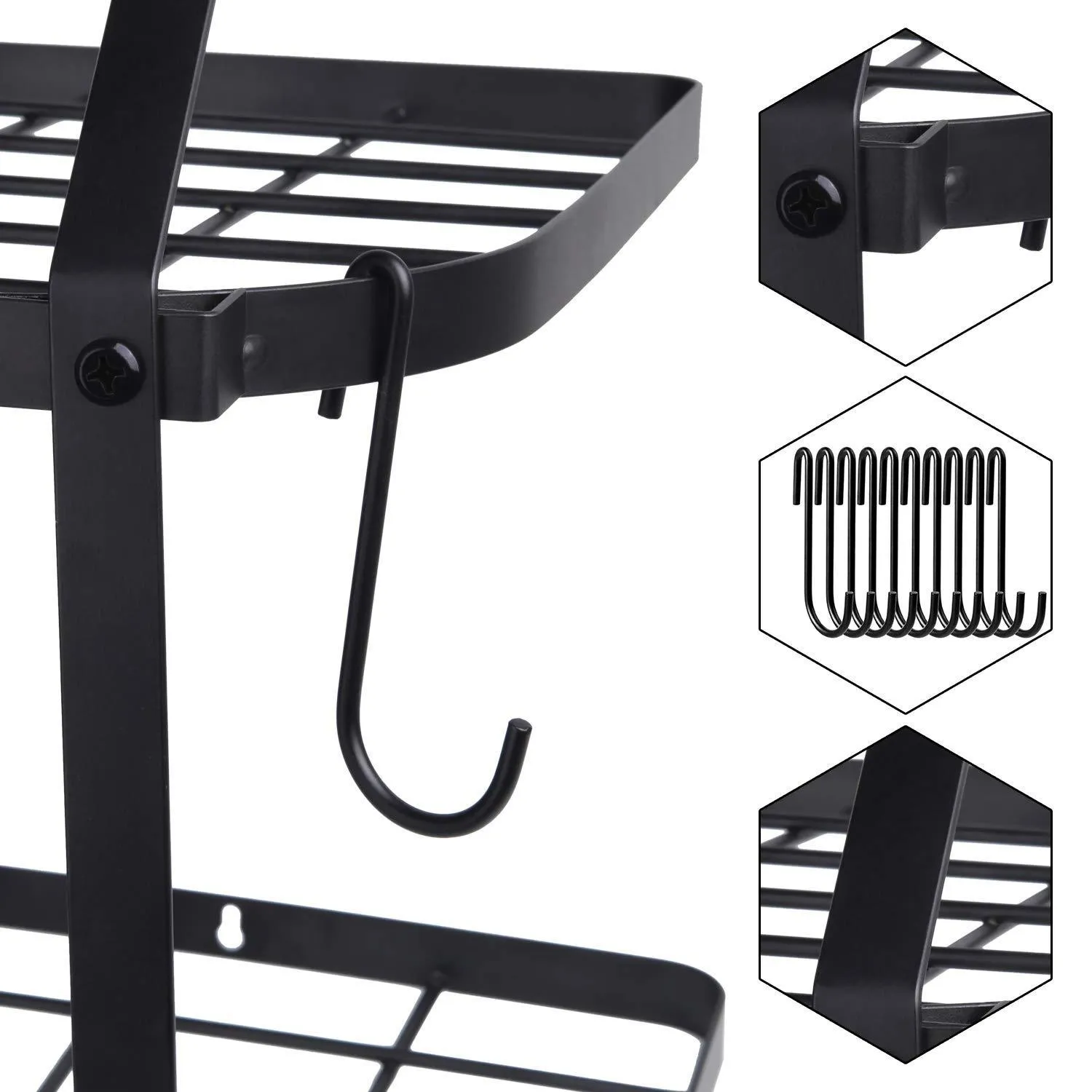 GeekDigg 29.5 Inch Wall Mounted Pot Rack Storage Shelf with 2 Tier 10 Hooks Included, Kitchen Pot Racks Hanging Storage Organizer (Black)