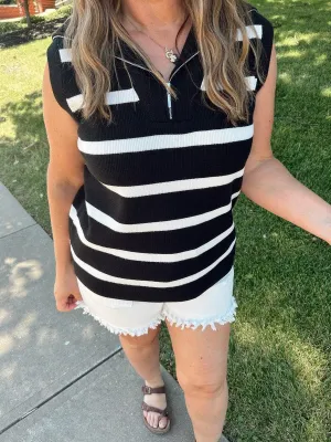 Get Striped Half Zip Sleeveles Top