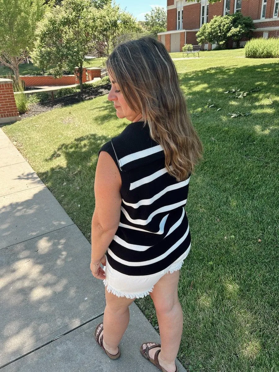 Get Striped Half Zip Sleeveles Top