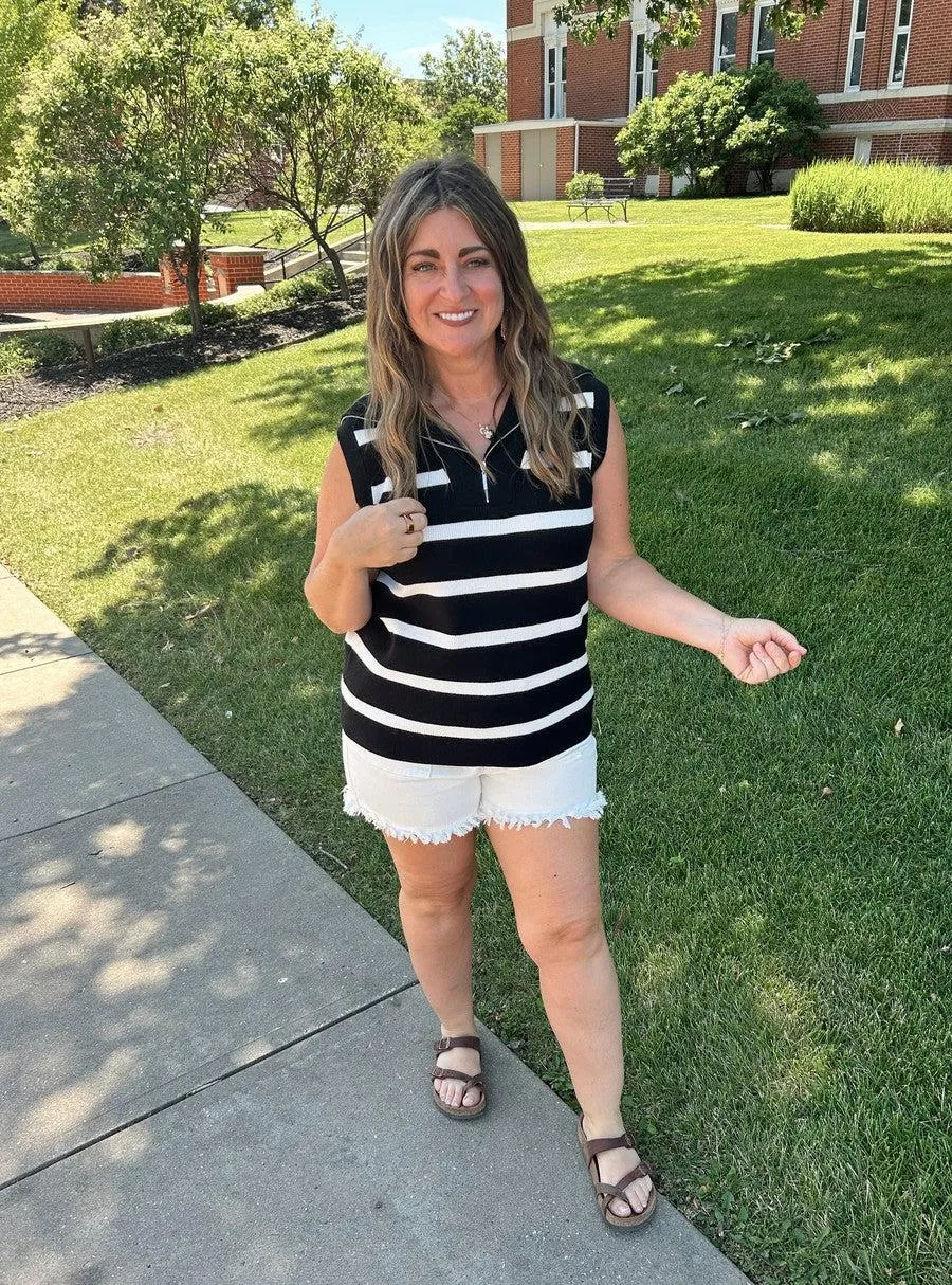Get Striped Half Zip Sleeveles Top