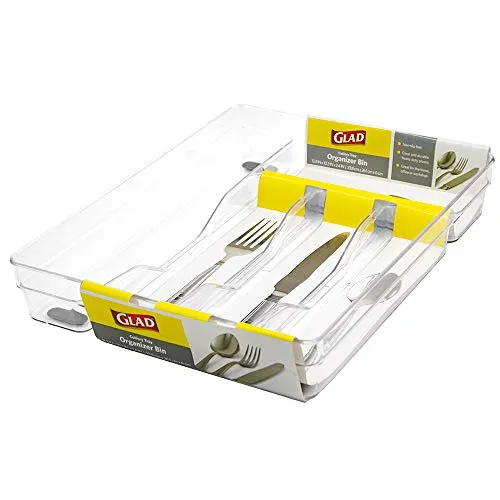 Glad GLD-71059 DRAWER PANTRY STORAGE | SILVERWARE ORGANIZER | U Cutlery Box Nonslip Feet Clear 13.3X10.3X2.2In, 13.3 inch