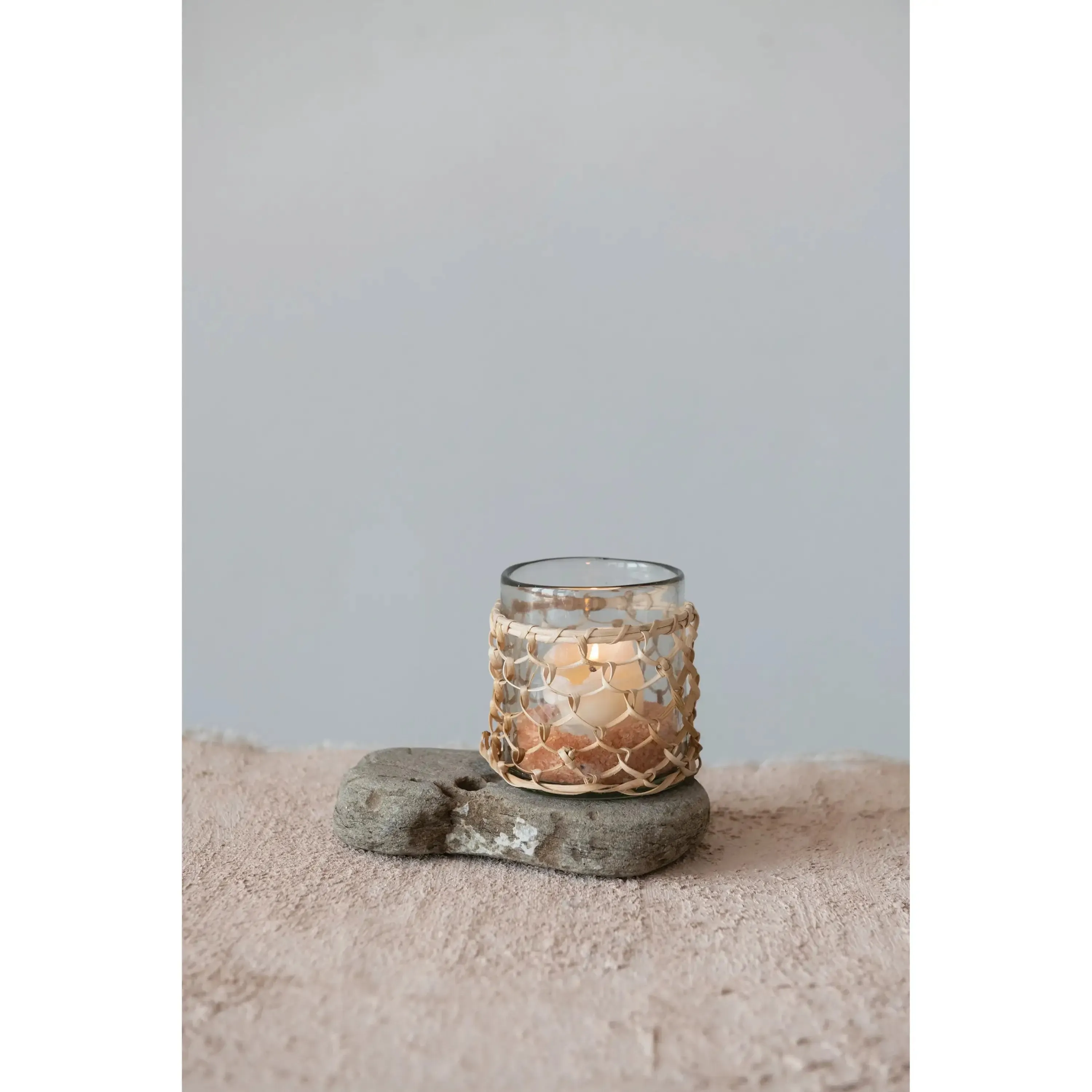 GLASS RATTAN WRAPPED VOTIVE HOLDER WITH WOVEN RATTAN SLEEVE