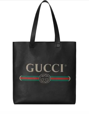 Gucci Logo Print Leather Tote Bag in Black