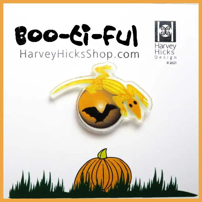 Halloween pin featuring an illustration of a tawny owl
