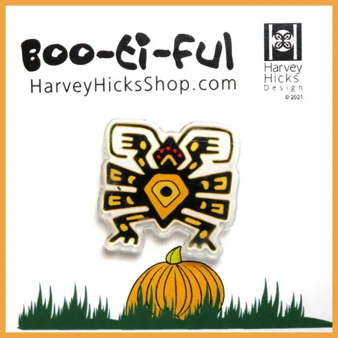 Halloween pin featuring an illustration of a tawny owl