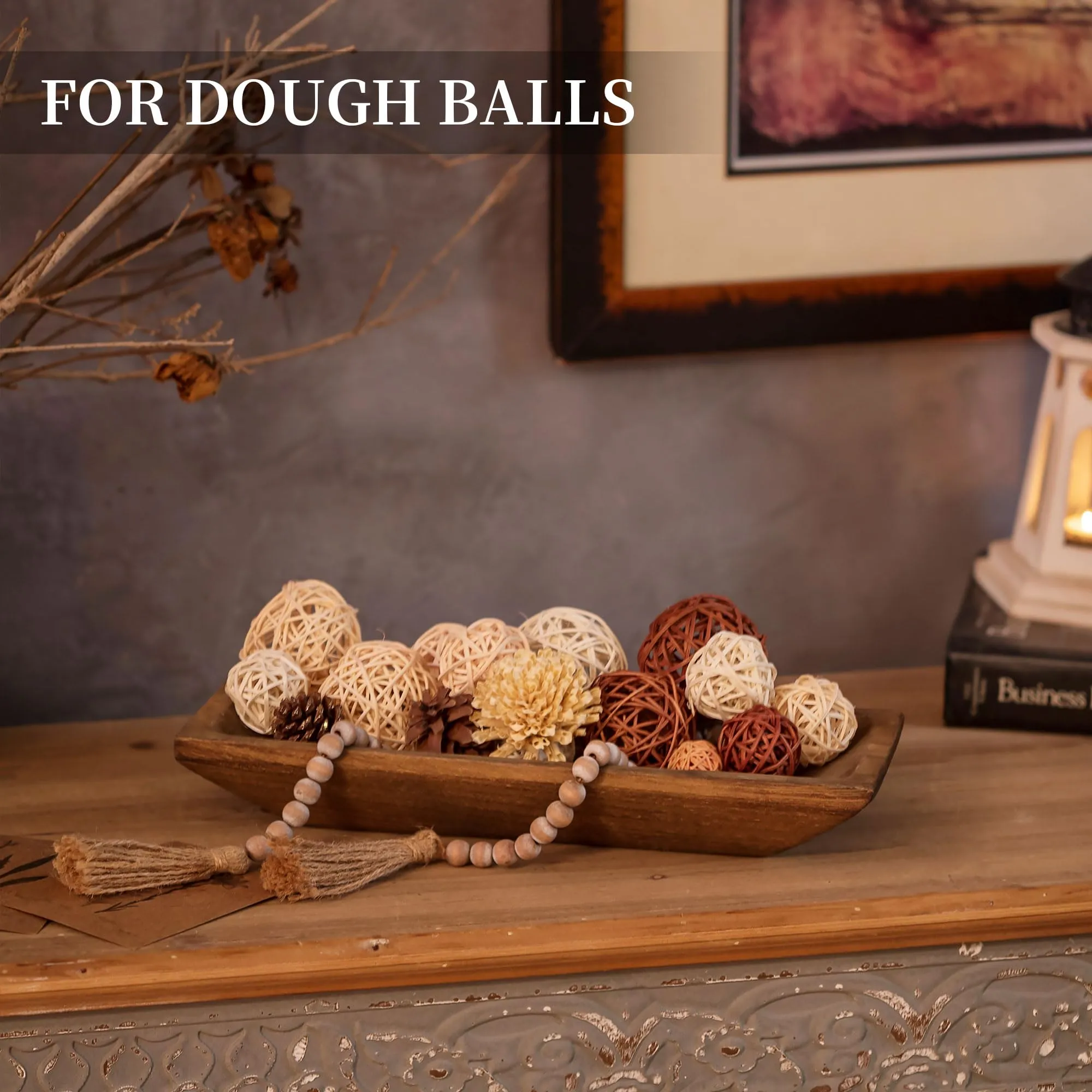 Hanobe Decorative Wooden Dough Bowl: Wood Table Centerpiece Decorations Rustic Natural Candle Holder Tray Trough for Dining Room Kitchen Decor, Brown