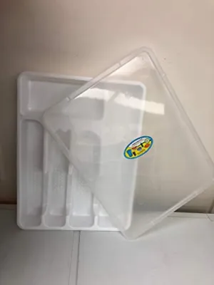 he-home essentials Flatware Tray lid-Closes Tightly-Silverware Drawer Utensils Organizer with Cover-Cutlery Plastic Tray with Cover lid-White