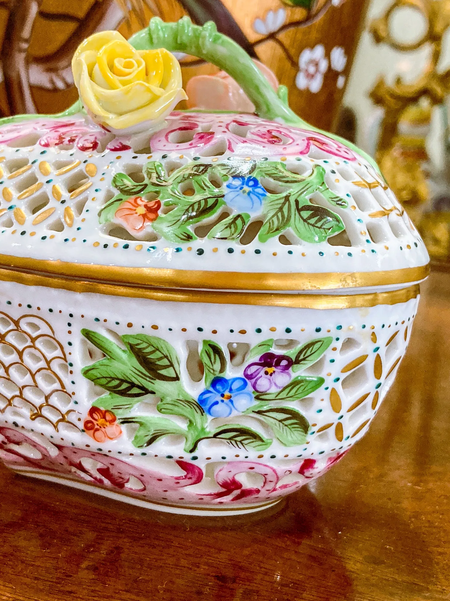 Herend Hand Painted Floral Lattice Reticulated Porcelain Rose Heart Box