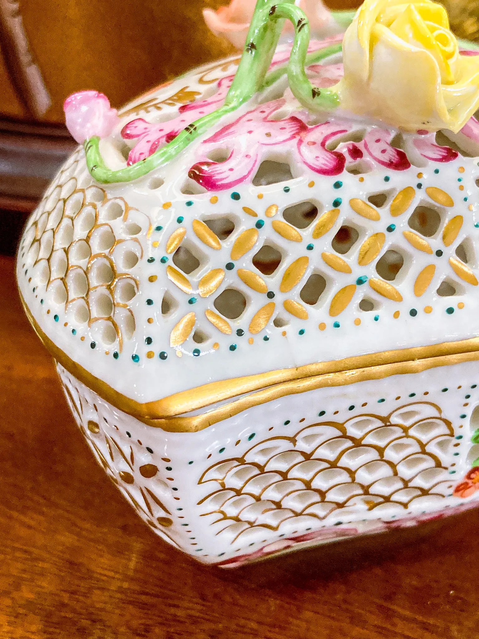Herend Hand Painted Floral Lattice Reticulated Porcelain Rose Heart Box