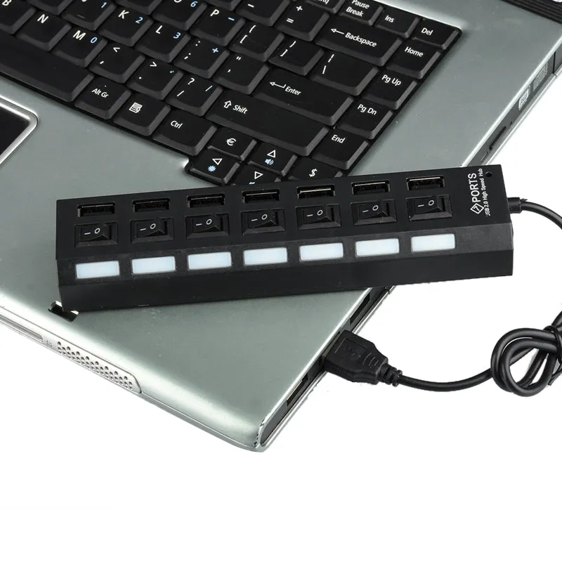 High Speed USB 2.0 Hub - 7 Ports With On/Off Switch, 5V, 480Mbps, Windows Compatible (Black)