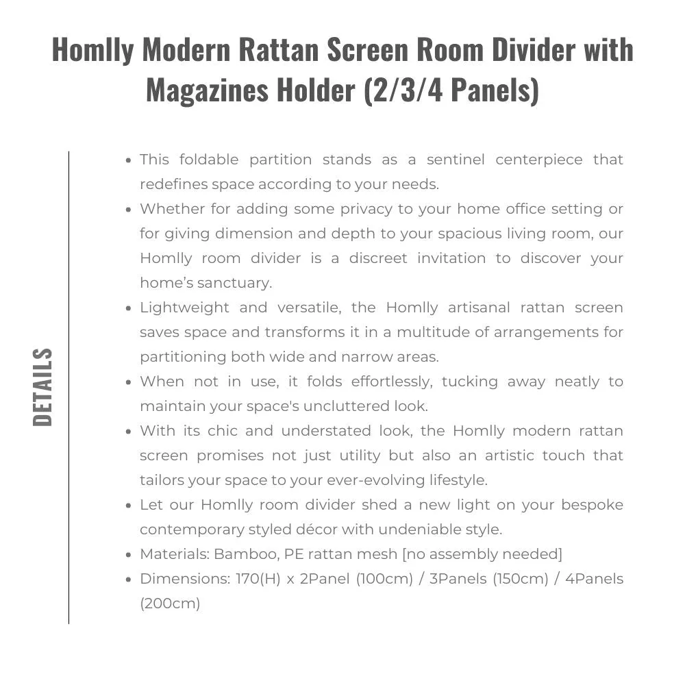 Homlly Modern Rattan Screen Room Divider with Magazines Holder (2/3/4 Panels)