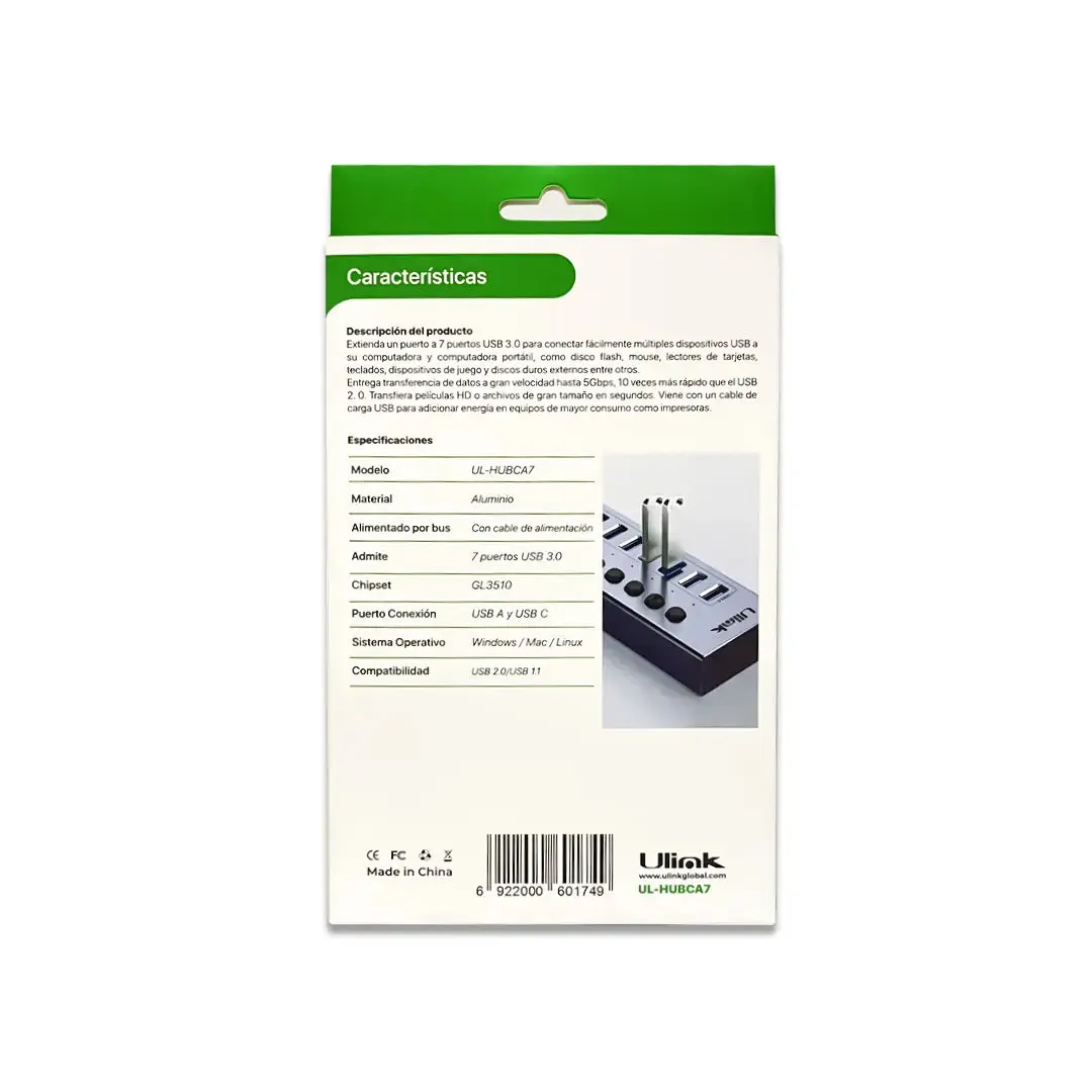 HUB 7 PUERTOS USB 3.0 SWITCH C/USB ULINK UL-HUBCA7