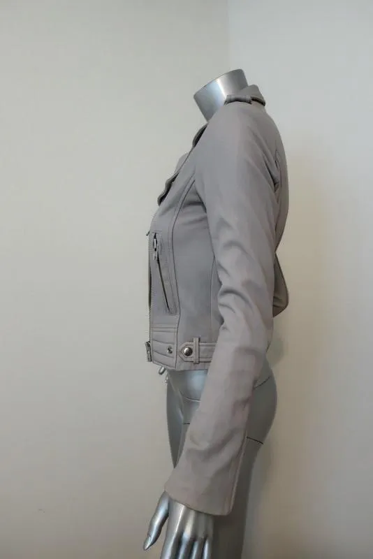 IRO Luiga Leather Motorcycle Jacket Light Gray Size 38 Double-Zip Biker Jacket