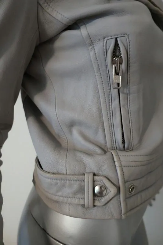 IRO Luiga Leather Motorcycle Jacket Light Gray Size 38 Double-Zip Biker Jacket