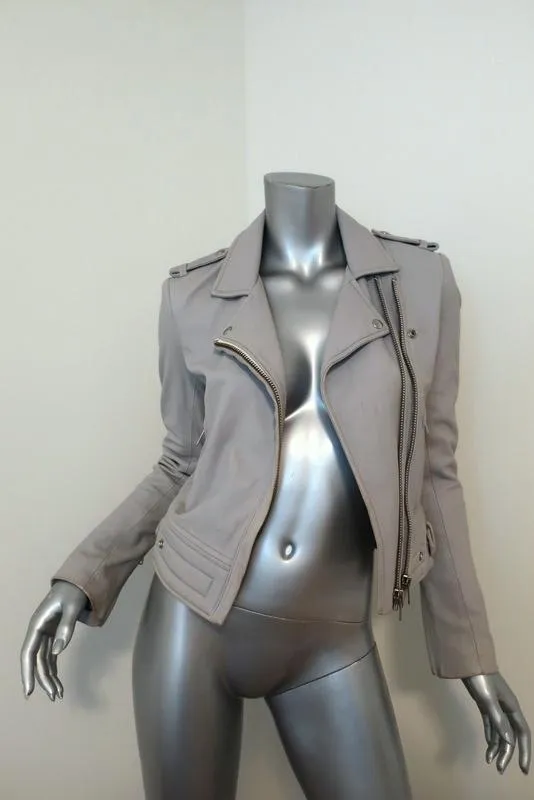 IRO Luiga Leather Motorcycle Jacket Light Gray Size 38 Double-Zip Biker Jacket