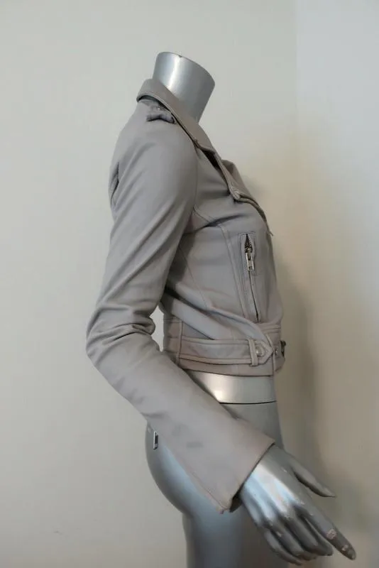 IRO Luiga Leather Motorcycle Jacket Light Gray Size 38 Double-Zip Biker Jacket
