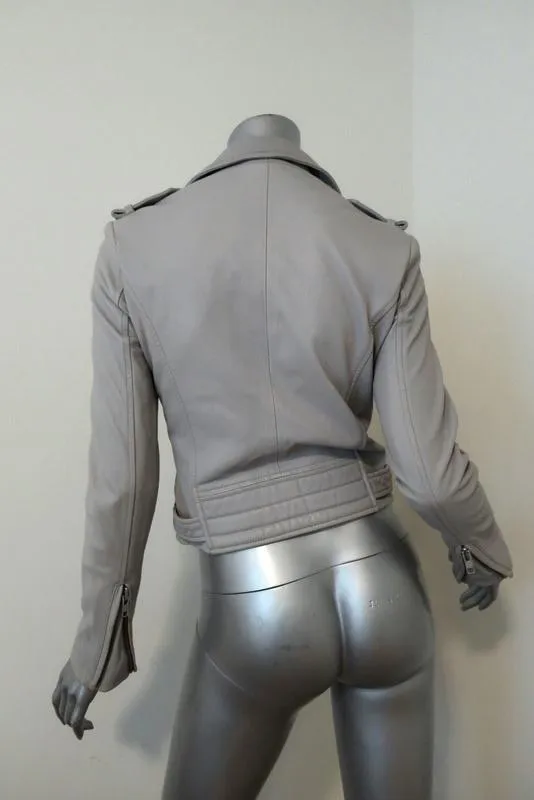 IRO Luiga Leather Motorcycle Jacket Light Gray Size 38 Double-Zip Biker Jacket
