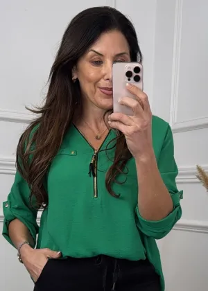 Jocasta Green Zip Detail Top