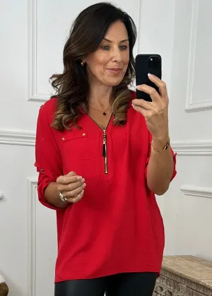 Jocasta Red Zip Detail Top