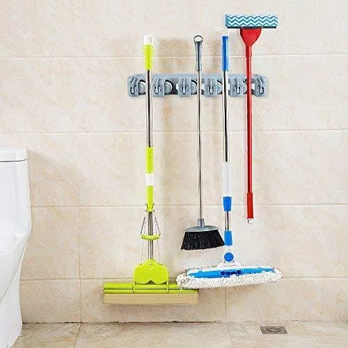 JOSHNESE Mop Broom Holder, Broom Hanger with 5 Positions and 6 Hooks, Wall Mounted Broom Organizer Home Tools Storage Rack for Kitchen Garden and Garage