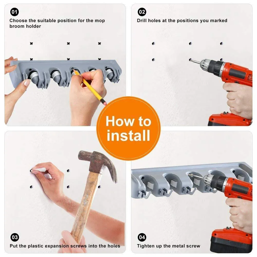 JOSHNESE Mop Broom Holder, Broom Hanger with 5 Positions and 6 Hooks, Wall Mounted Broom Organizer Home Tools Storage Rack for Kitchen Garden and Garage