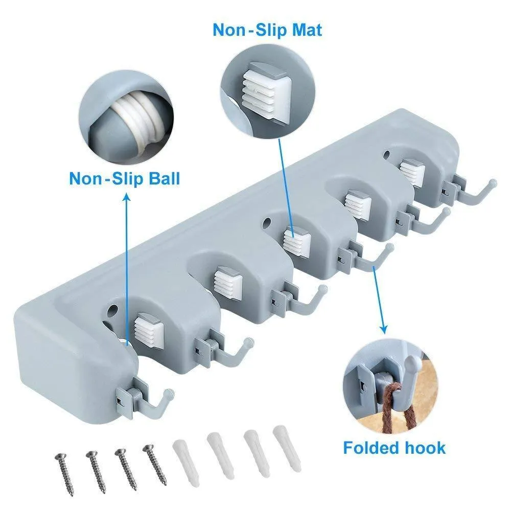 JOSHNESE Mop Broom Holder, Broom Hanger with 5 Positions and 6 Hooks, Wall Mounted Broom Organizer Home Tools Storage Rack for Kitchen Garden and Garage