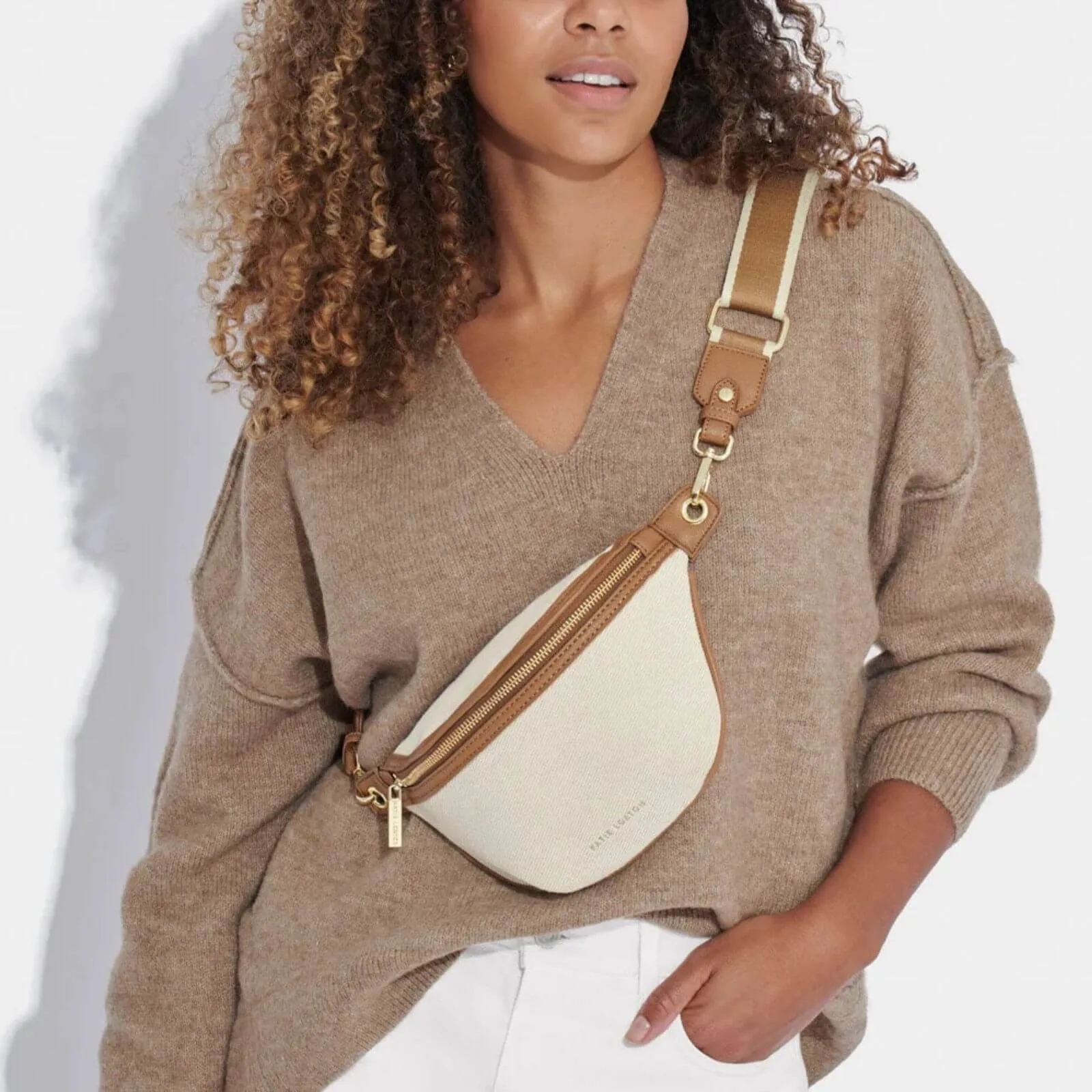 Katie Loxton Capri Canvas Belt Bag - Tan & Off White