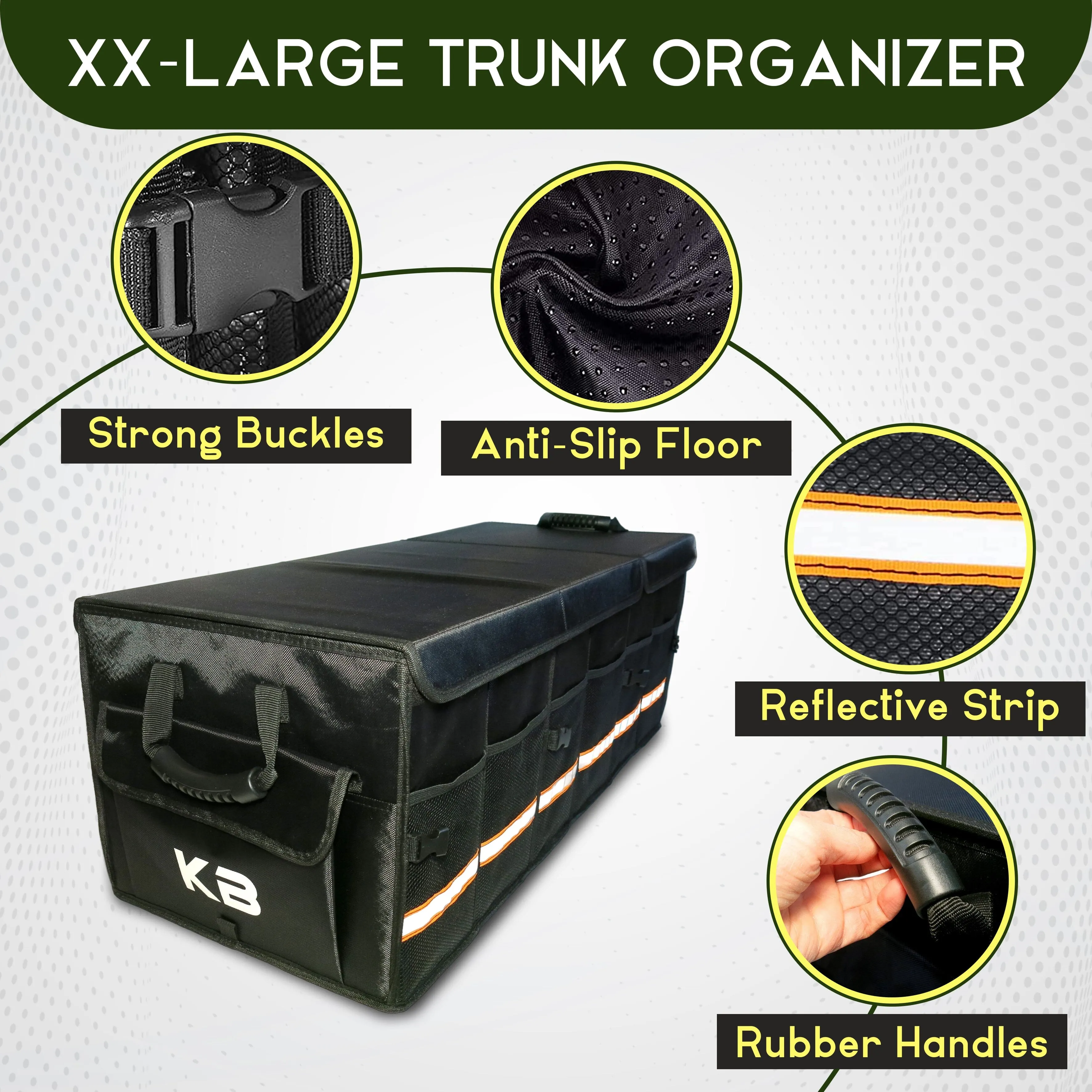 KB XX-Large Car Trunk Organizer, SUV Trunk Organizer With Cover, Heavy Duty Collapsible Truck Bed Storage, Car Caddy Organizer, Van Trunk Back Seat Organizer with Dual Lids (Black)