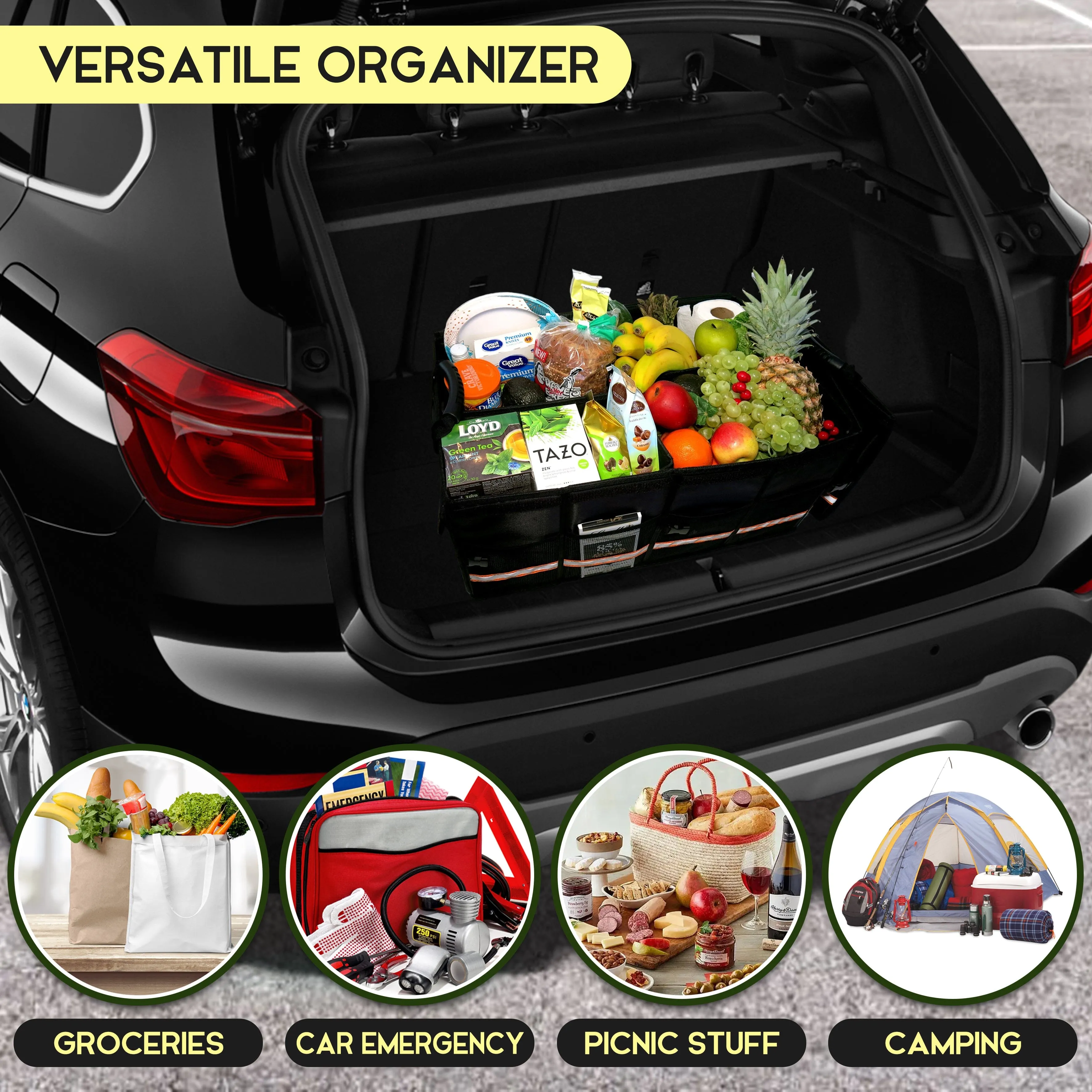 KB XX-Large Car Trunk Organizer, SUV Trunk Organizer With Cover, Heavy Duty Collapsible Truck Bed Storage, Car Caddy Organizer, Van Trunk Back Seat Organizer with Dual Lids (Black)