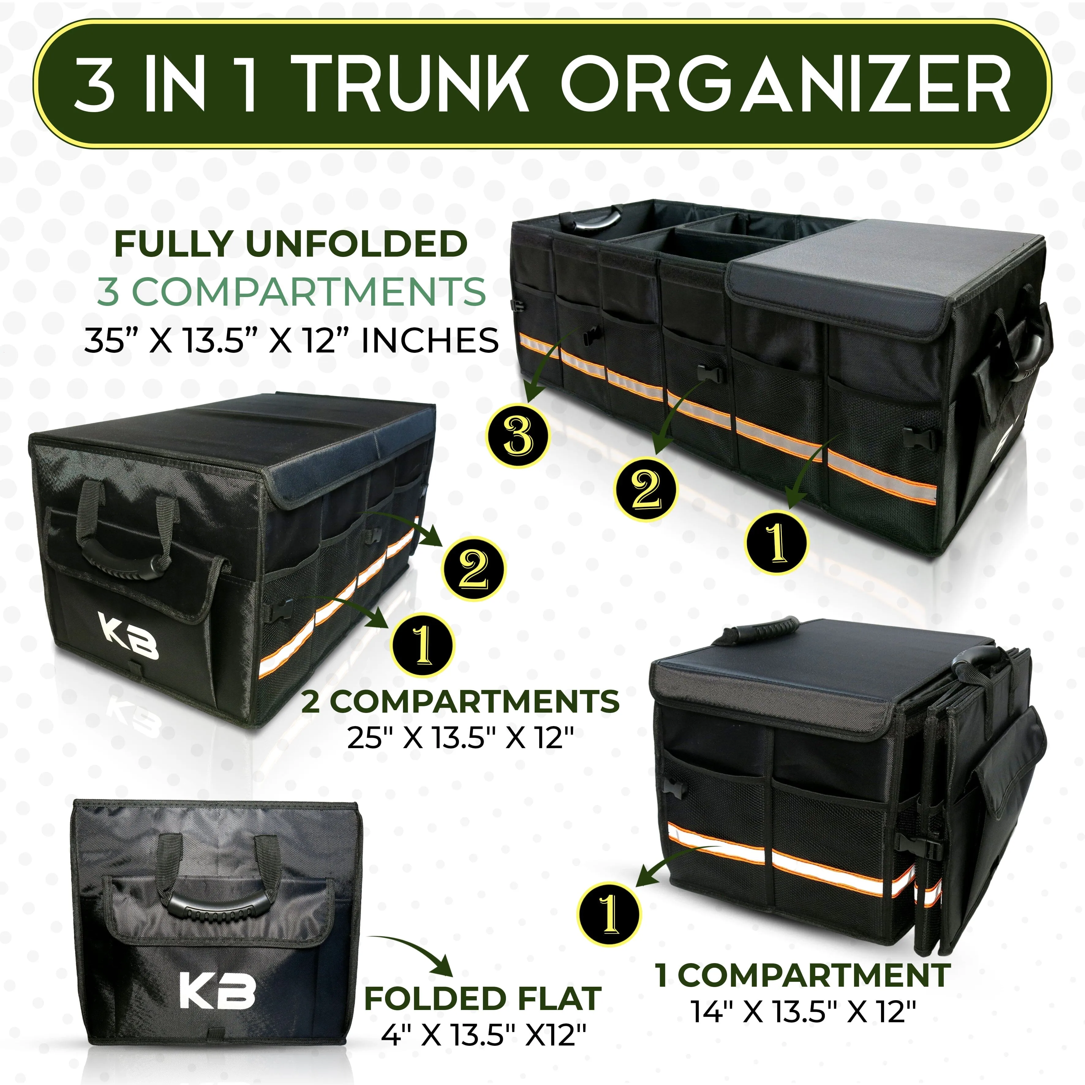 KB XX-Large Car Trunk Organizer, SUV Trunk Organizer With Cover, Heavy Duty Collapsible Truck Bed Storage, Car Caddy Organizer, Van Trunk Back Seat Organizer with Dual Lids (Black)