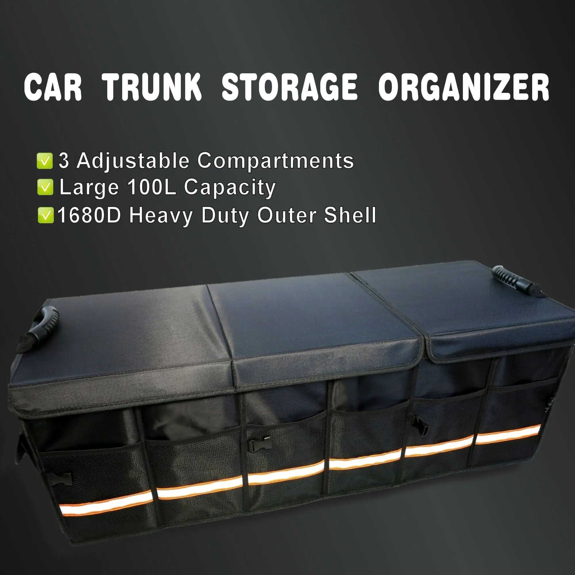 KB XX-Large Car Trunk Organizer, SUV Trunk Organizer With Cover, Heavy Duty Collapsible Truck Bed Storage, Car Caddy Organizer, Van Trunk Back Seat Organizer with Dual Lids (Black)