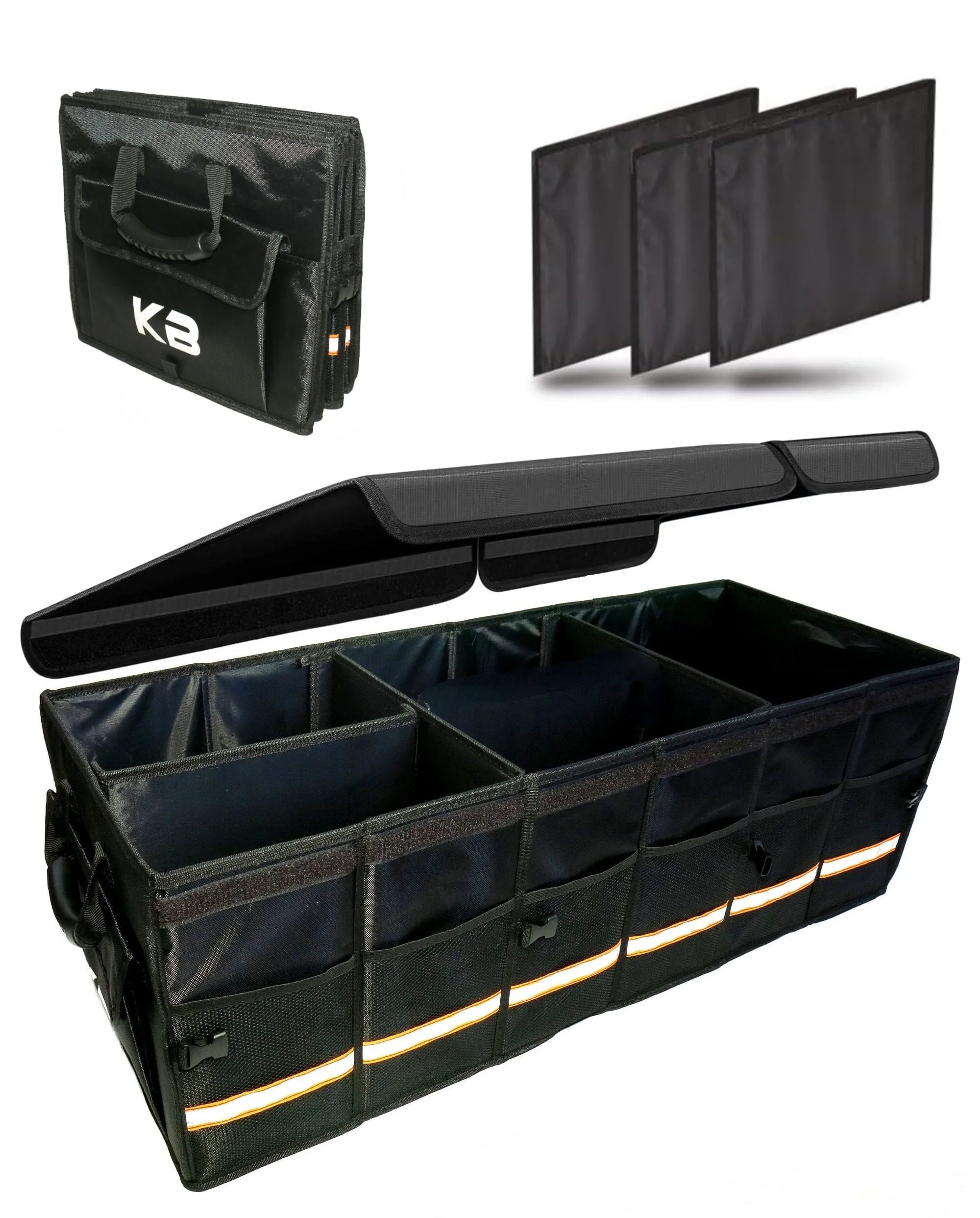 KB XX-Large Car Trunk Organizer, SUV Trunk Organizer With Cover, Heavy Duty Collapsible Truck Bed Storage, Car Caddy Organizer, Van Trunk Back Seat Organizer with Dual Lids (Black)