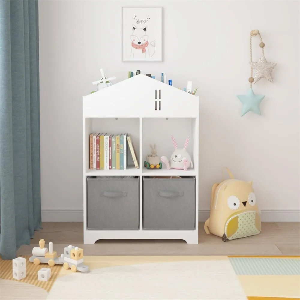 Kids Dollhouse Bookcase with Storage 2-Tier Display Organizer White