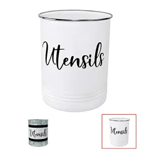 Kitchen Utensil Holder-Modern Farmhouse Kitchen Decor-Large White and Black Utensil Crock-Vintage Organizer- Kitchen Tool Caddy-Stainless Steel Rim-Countertop Storage Solution by Home Acre Designs