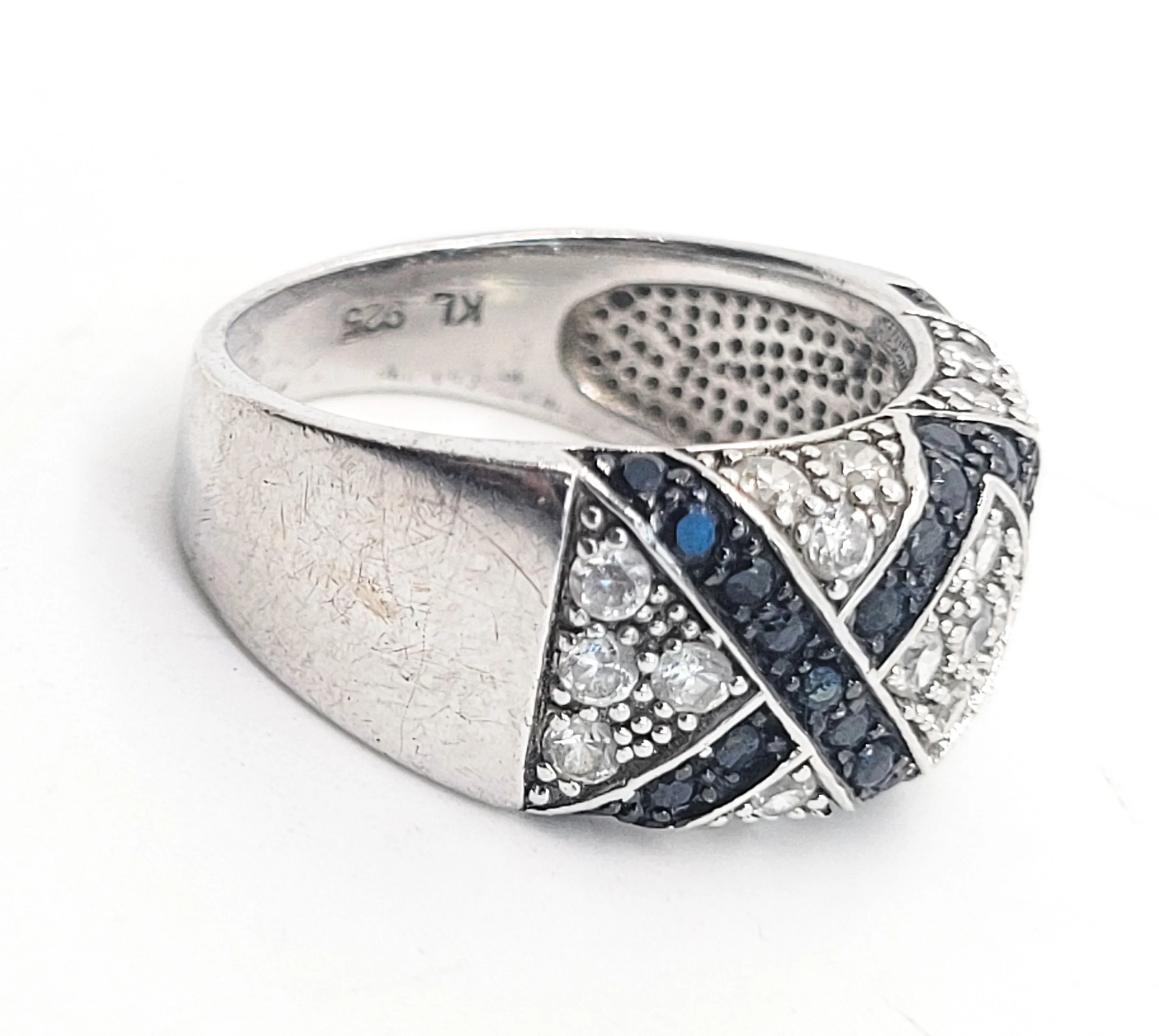 KL Black and white cubic zirconia CZ sterling silver lattice ring size 8