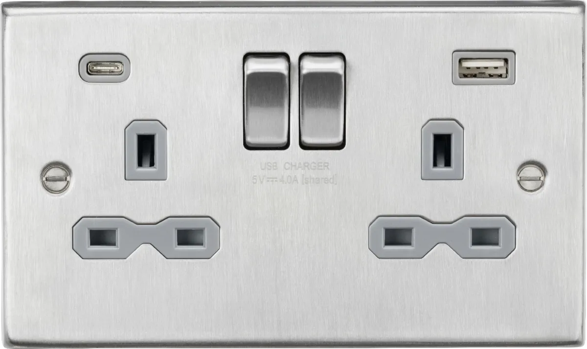 Knightsbridge CS9940BCG Square Edge 13A 2G SP Switched Socket   2xUSB A C (5V DC 4.0A Shared) - Brushed Chrome   Grey Insert