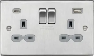 Knightsbridge CS9940BCG Square Edge 13A 2G SP Switched Socket   2xUSB A C (5V DC 4.0A Shared) - Brushed Chrome   Grey Insert