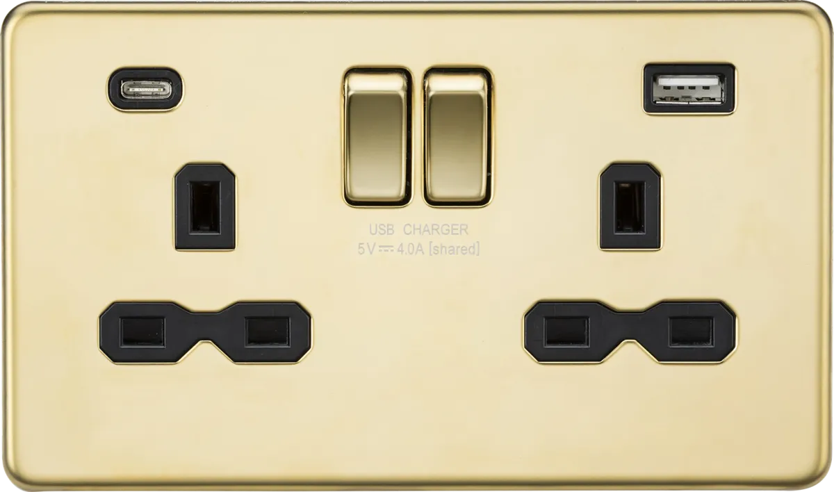 Knightsbridge SFR9940PB Screwless 13A 2G SP Switched Socket   2xUSB A C (5V DC 4.0A Shared) - Polished Brass   Black Insert